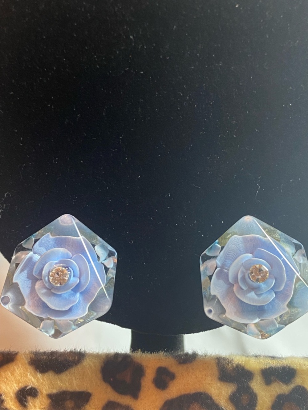 Vintage. Clip earrings. Blue rose flower. Clear rhinestone.